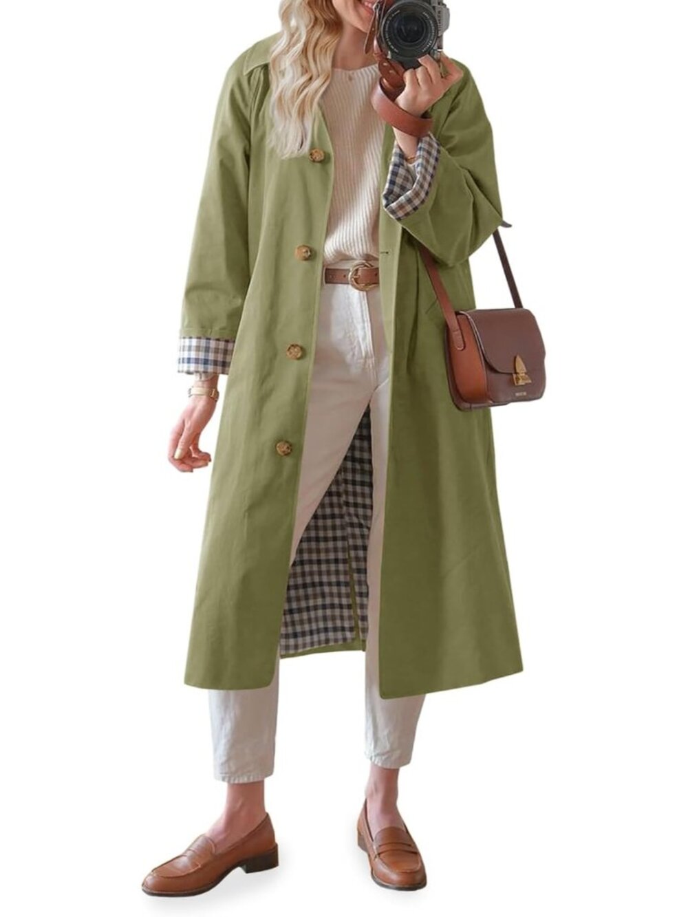 Women's Green Long Sleeve Oversized Single Breasted Windproof Winter Trench Coat